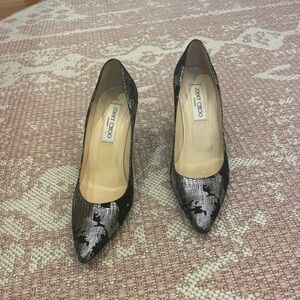 Jimmy choo 37 animal print silver and black heel.